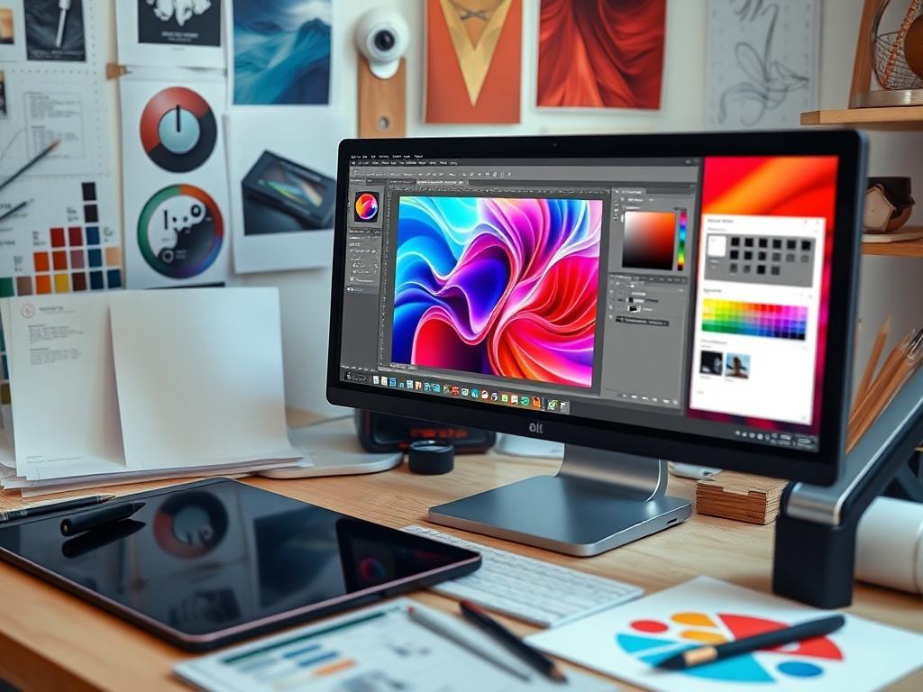 A hyper-realistic close-up of a computer screen displaying a photo manipulation process in Photoshop. The screen shows a vibrant image being edited with various tools and layers visible. Surrounding the screen, there are tools like a graphics tablet, color palettes, and sketch papers, creating an inspiring workspace atmosphere.