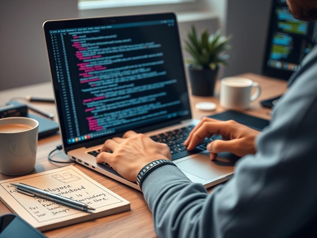 A close-up shot of a developer coding an AI chatbot on a laptop, with lines of code visible on the screen. The workspace features a notepad with brainstorming ideas, coffee cup, and digital devices. The background is softly blurred to keep the focus on the developer and the laptop.