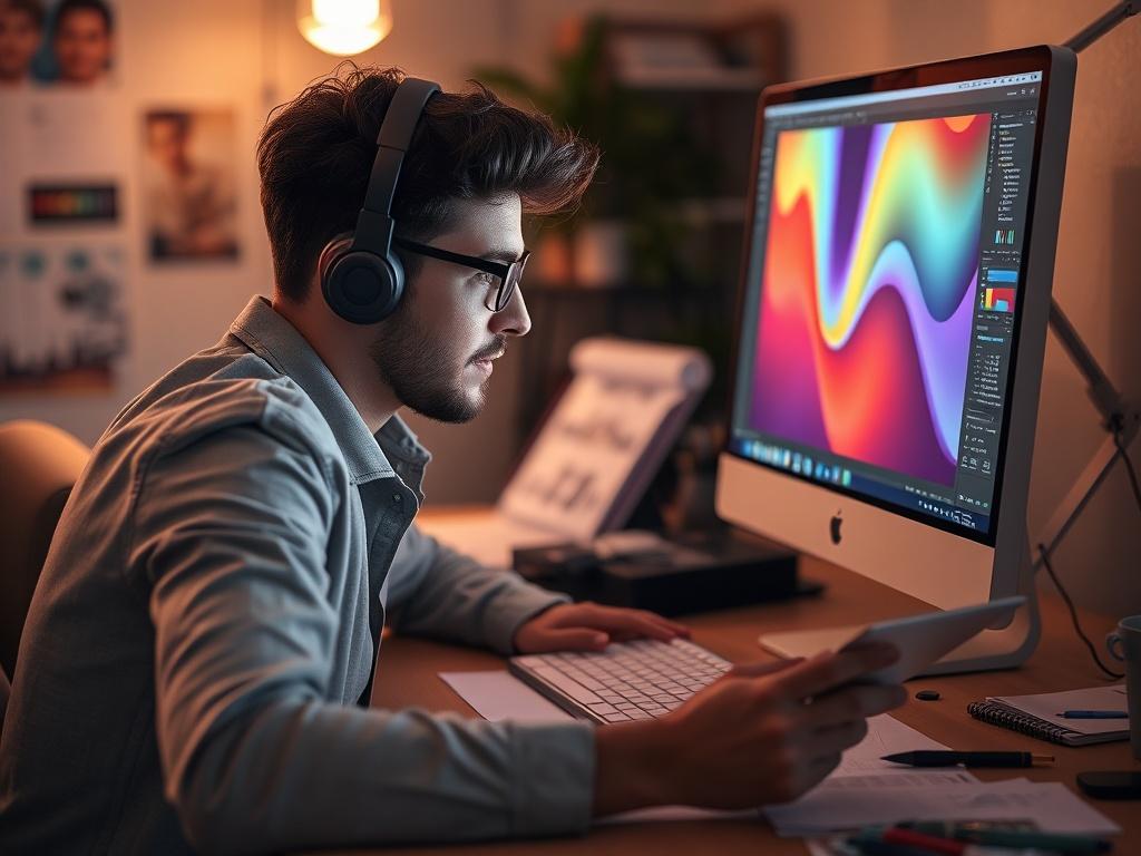 A close-up shot of a designer working on a graphic design project using a computer and Photoshop. The workspace is organized with color swatches, design sketches, and a digital tablet, with a soft, warm light illuminating the scene. The background is blurred to emphasize the designer's focused expression and the vibrant colors on the screen.
