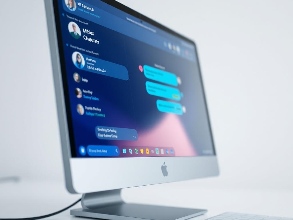 A close-up shot of a sleek, modern computer screen displaying an AI chatbot interface, set against a clean and minimalistic background. The design features vibrant colors to highlight the chatbot's user-friendly elements, showcasing a conversation between a customer and the AI. The background should be softly blurred to emphasize the screen's details, shot with a 45mm f/1.2 lens style.