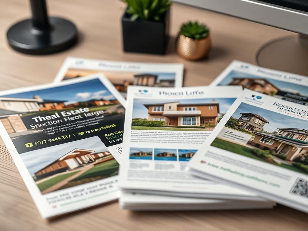 A captivating close-up shot of professionally designed real estate flyers and social media graphics, arranged aesthetically on a desk. The designs should feature high-quality images of properties with elegant typography. The background should have a subtle texture to enhance the visual appeal, captured with a 45mm f/1.2 lens style.