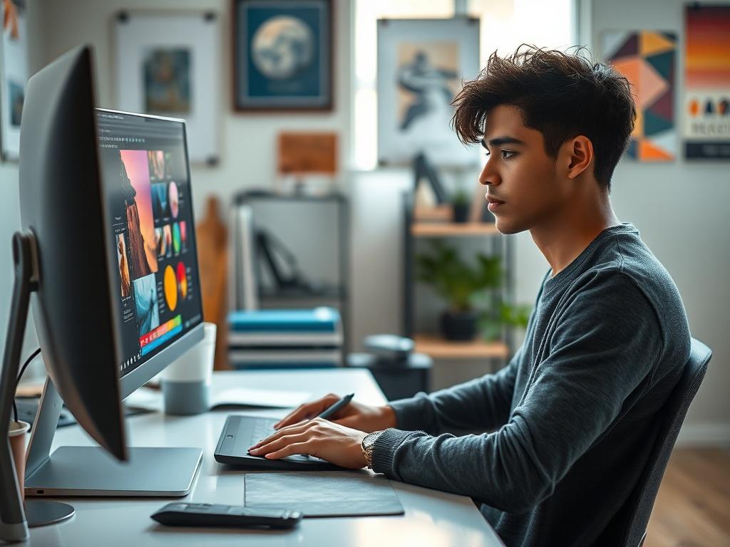 **AI Image Generation Prompt:**

Create a realistic high-resolution photo that captures the essence of mastering graphic design with Photoshop. The composition should be simple and clear, featuring a single subject: a skilled graphic designer at work. 

The subject, a young adult with an engaged expression, should be seated at a sleek, modern desk with a high-end computer displaying a vibrant Photoshop interface filled with various design layers and tools. The designer is focused, using a graphics tablet an