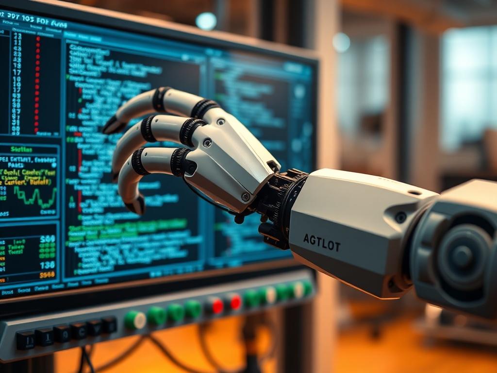 A hyper realistic close up of a robotic arm programming