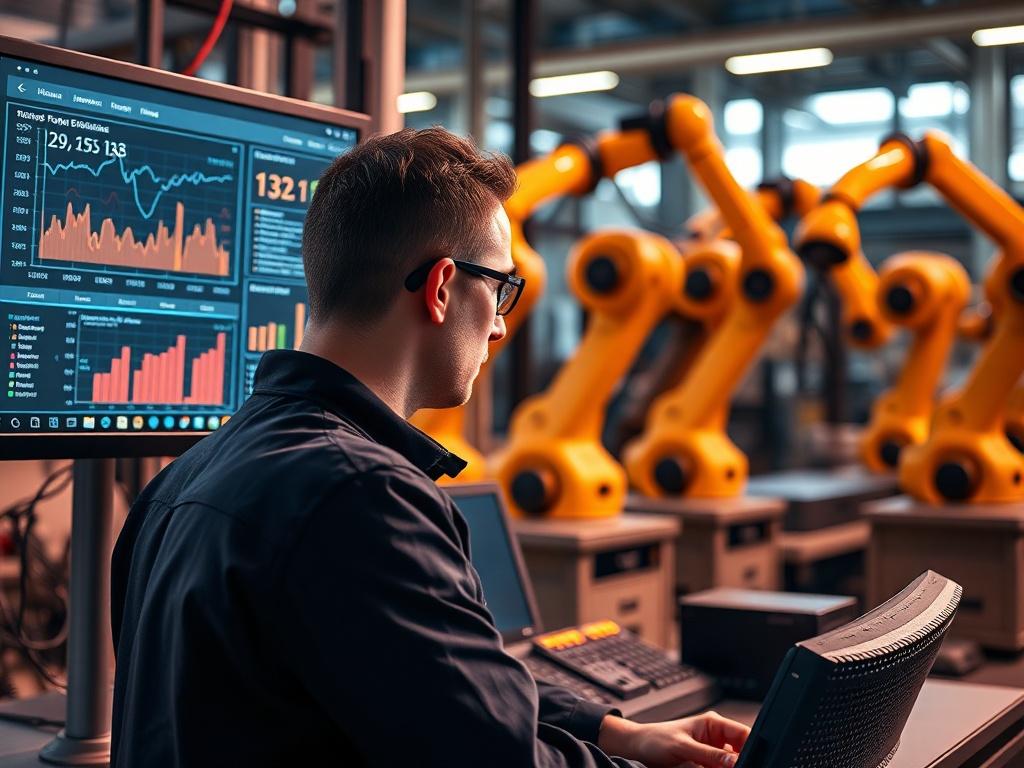 A skilled technician monitoring robotic systems on a computer screen,