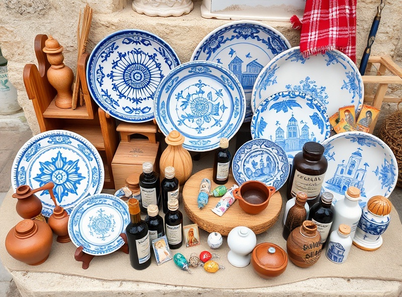 Authentic Corfu souvenirs including ceramic plates, textiles, and local crafts