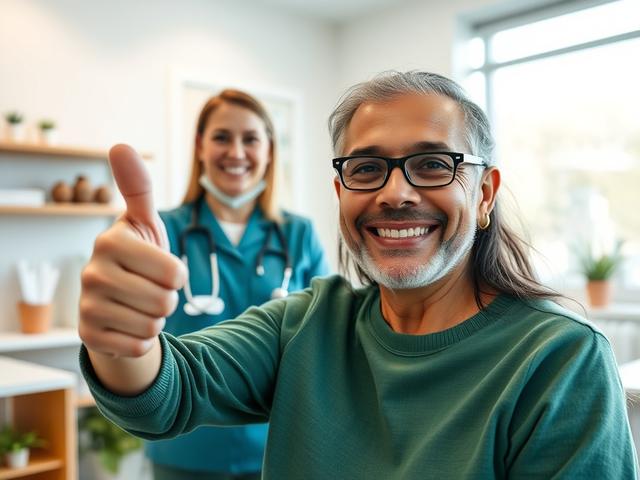 An engaging image of a satisfied patient giving a thumbs-up testimonial in a Clearwater clinic, with a healthcare professional smiling in the background. The setting should be bright and welcoming, showcasing a friendly atmosphere.