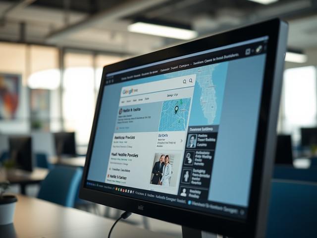 A close-up shot of a computer screen displaying a local search engine results page with a highlighted map and business listings for healthcare providers in Clearwater, Florida. The background should be a softly blurred office environment, with natural light highlighting the screen.