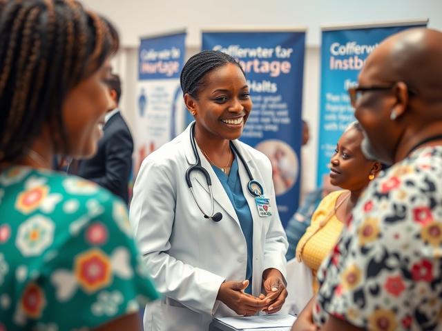 A high-quality image of a healthcare professional interacting with community members at a local health fair in Clearwater. The scene conveys warmth and approachability, with banners and health information materials in the background.