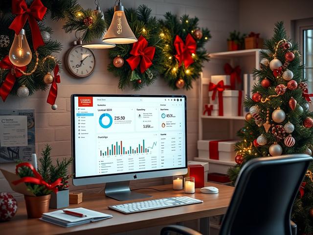 A hyper-realistic close-up of a festive holiday-themed medical office, showcasing holiday decorations alongside a computer displaying a local SEO dashboard with positive analytics. The scene conveys a sense of warmth and community, shot with a 45mm f/1.2 lens.