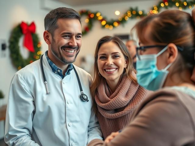 An inviting close-up of a patient interacting with a friendly medical staff member in a holiday-decorated clinic, with a focus on their smiles and warm atmosphere. The background is softly blurred, enhancing the human connection, captured with a 45mm f/1.2 lens.