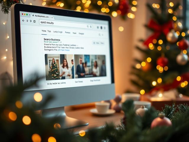 A close-up of a festive holiday scene with a computer screen displaying a search engine results page, highlighting a local business listing. The background is subtly decorated with holiday lights and ornaments, creating a warm and inviting atmosphere, captured in hyper-realistic detail with a 45mm f/1.2 lens.