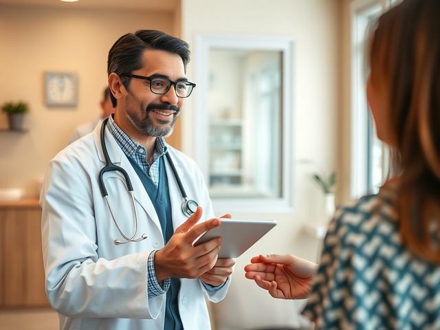An inviting image of a doctor receiving a positive review from a patient, showcasing the importance of community trust. The background should be a warm, welcoming clinic environment, highlighting a positive interaction.