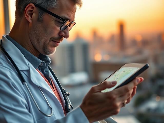 A focused photo of a doctor reviewing a map with a digital tablet, showcasing local SEO strategies for a medical practice. The background should show a blurred cityscape representing Spring Hill, with warm lighting that conveys trust and professionalism.