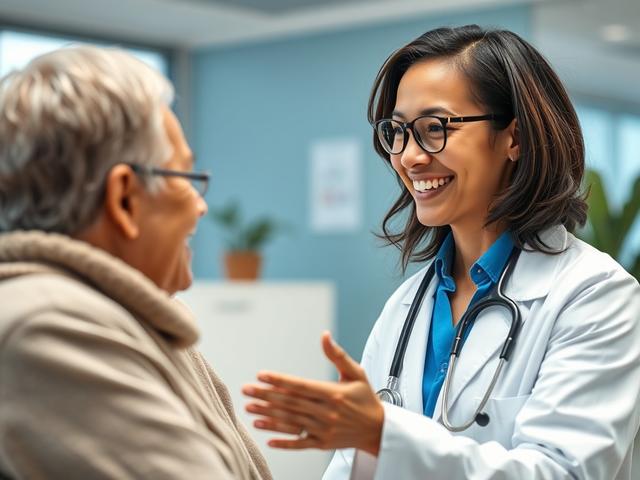 A close-up shot of a smiling doctor interacting with a patient in a modern clinic, emphasizing patient care and engagement. The background should show elements of a welcoming medical environment, with natural light to enhance the sense of positivity.
