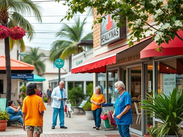 A close-up shot of a vibrant Clearwater neighborhood highlighting local businesses, with a focus on a healthcare center. The image should capture a welcoming atmosphere, showcasing friendly interactions between residents and healthcare professionals. The background should be softly blurred, emphasizing the center in vivid colors, compatible with rgba(31, 101, 49, 1).