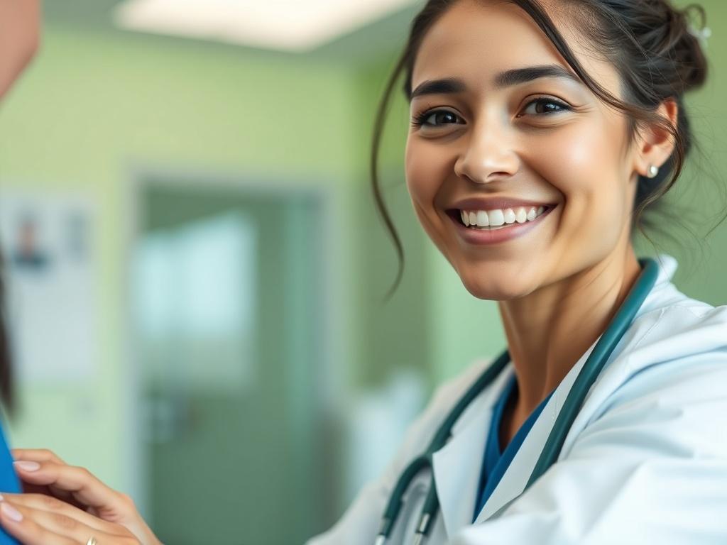 A close-up shot of a compassionate healthcare professional, with a warm smile, assisting a patient in a clinical setting. The background is softly blurred to emphasize the professional, and the colors are soothing with a predominant focus on green tones that evoke a sense of healing. The setting is well-lit, showcasing a clean and welcoming environment, and the subject is positioned in the center of the frame, creating a sense of connection and trust.