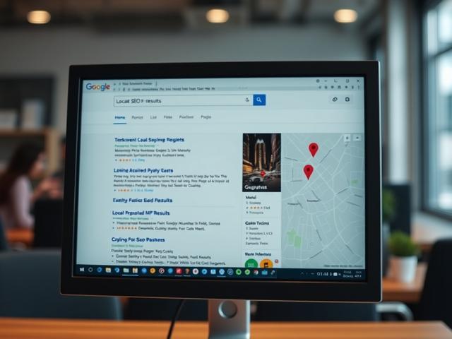 A close-up shot of a computer screen displaying a local search engine results page with a highlighted map, symbolizing local SEO success. The background should be a blurred office setting, focusing on the monitor. The image should be realistic, high-resolution, and vibrant.