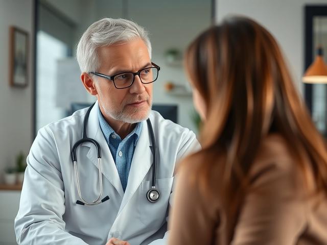 A high-resolution close-up of a healthcare professional consulting with a patient in an office setting. The background should show a welcoming environment, conveying trust and care. The image should be sharp, focusing on the interaction between the doctor and patient.