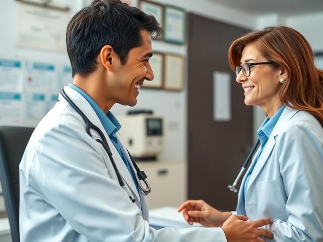 A close-up shot of a busy doctor's office with a patient interacting with a friendly receptionist. The receptionist is smiling, giving a sense of warmth and professionalism. The background should display charts and medical certificates that reflect a thriving practice, captured with a 45mm f/1.2 lens style to emphasize the welcoming environment.