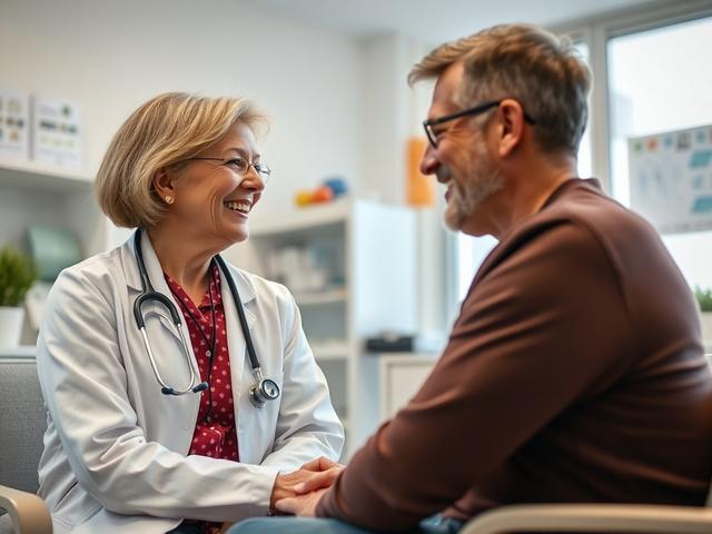 A close-up shot of a doctor engaging in a warm conversation with a patient in an office. The setting is bright and inviting, with educational materials visible in the background. The image, captured with a 45mm f/1.2 lens, focuses on the positive interaction, highlighting the doctor's attentiveness and care.