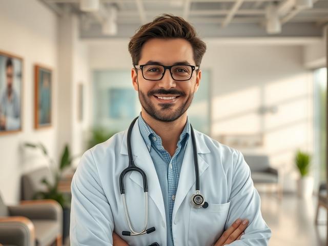 A close-up shot of a doctor standing proudly in a well-lit clinic, showcasing a friendly and professional demeanor. The background features a clean and modern waiting area with a touch of greenery, emphasizing a welcoming atmosphere. The image should be captured with a 45mm f/1.2 lens style, focusing on the doctor's confident expression and approachable nature.