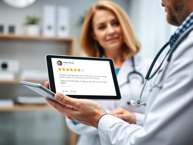 A close-up shot of a doctor receiving a positive review from a patient on a tablet, with a background that reflects a modern medical office atmosphere.
