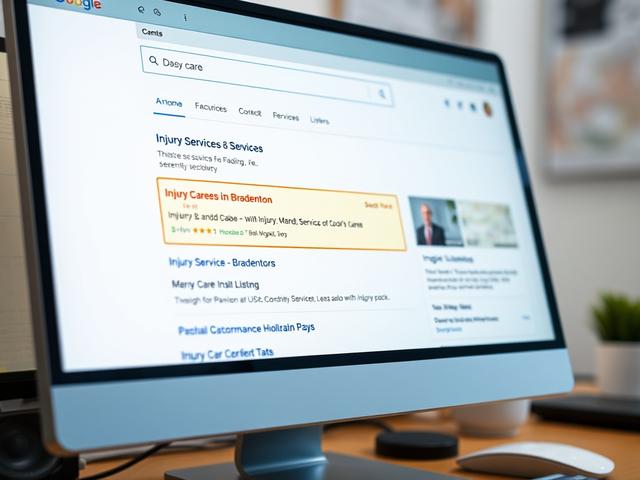 A close-up shot of a computer screen displaying a Google search results page with a highlighted local pack. The screen is vibrant and clear, showing listings for injury care services in Bradenton, surrounded by a desk environment that conveys professionalism.