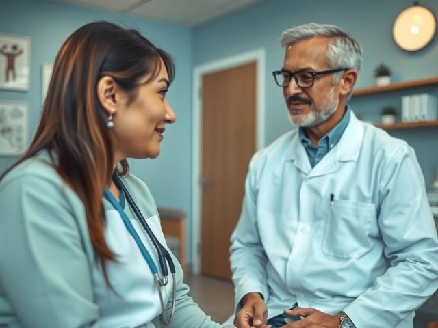 A close-up shot of a medical professional interacting with a patient in a welcoming clinic environment. The patient looks engaged and comfortable, conveying a sense of trust and care.