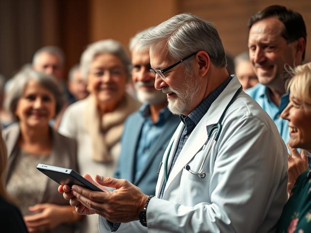 A close-up shot of a doctor receiving an award or recognition in a local community event, surrounded by grateful patients and families. The atmosphere should convey respect and admiration, highlighting the doctor's commitment to the community and healthcare excellence.