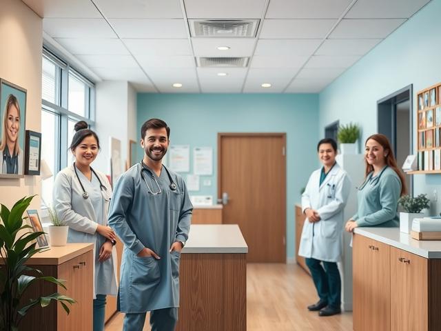 A close-up shot of a welcoming medical office reception area with friendly staff ready to assist patients. The environment feels warm and inviting, showcasing a well-organized space that reflects professionalism and care. The color scheme should complement rgba(31, 101, 49, 1), enhancing feelings of trust.