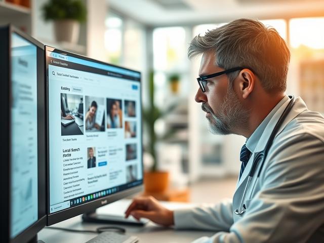 A close-up shot of a doctor looking at a computer screen displaying a local search results page, with a vibrant, welcoming office in the background. The focus should be on the doctor, showcasing a sense of engagement and professionalism, with natural light enhancing the atmosphere.