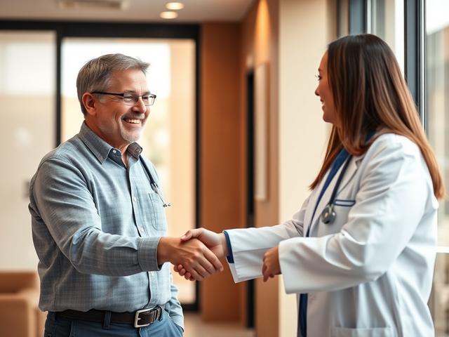 A close-up shot of a happy patient shaking hands with a friendly doctor in a modern clinic. The background should capture the welcoming environment of the clinic, with warm colors and natural light to convey a sense of comfort and trust.