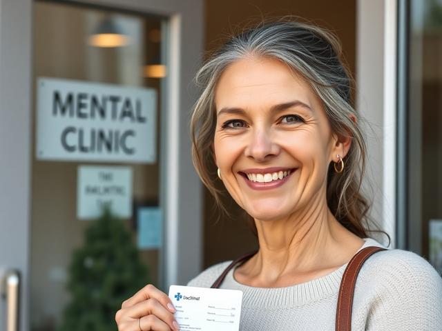 A close-up shot of a satisfied patient leaving a clinic, smiling and holding an appointment card. The background should show a well-maintained clinic exterior, symbolizing a professional and trustworthy healthcare environment.
