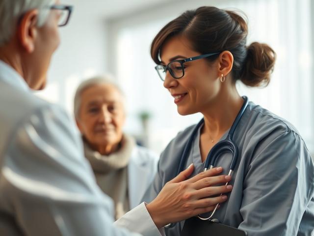 A close-up shot of a healthcare professional interacting with a patient in a clinic setting, showcasing a warm and welcoming environment. The background should be softly blurred, highlighting the professional's attentive demeanor, with soft natural lighting creating a comforting atmosphere. The focus is on the interaction between the two, emphasizing trust and care.