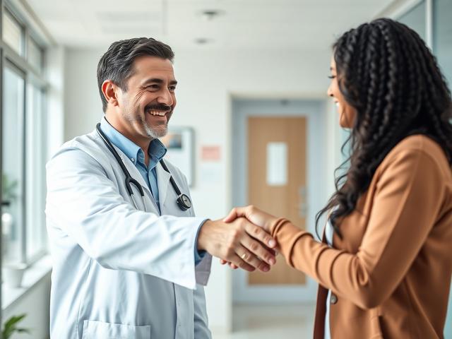 A close-up shot of a happy patient shaking hands with a healthcare provider in a welcoming clinic. The background is softly blurred to emphasize their connection. Natural light illuminates the scene, creating a sense of trust and professionalism. The focus is on the positive interaction, showcasing satisfaction and care.