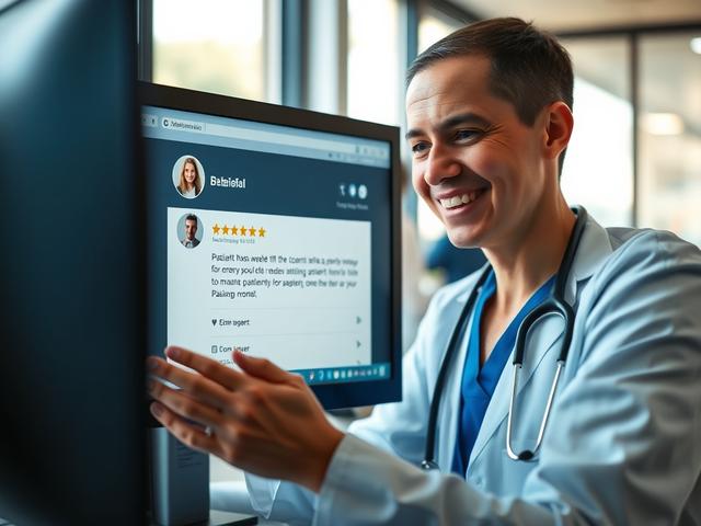 A close-up shot of a healthcare professional reading a positive patient review on a computer screen in a modern clinic setting. The background is softly blurred, emphasizing the screen and the provider's satisfied expression. Natural light creates an inviting atmosphere, showcasing the importance of patient feedback.