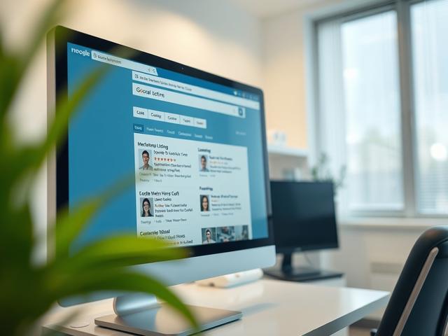 A close-up shot of a doctor's office in a bright, welcoming environment, emphasizing a computer screen displaying a local search result with highlighted listings. The background should be softly focused, conveying a sense of professionalism and care.