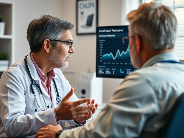 A close-up shot of a doctor consulting with a patient in a well-lit office, with a computer in the background displaying analytics about local search performance. The scene should feel warm and inviting, showcasing patient care.