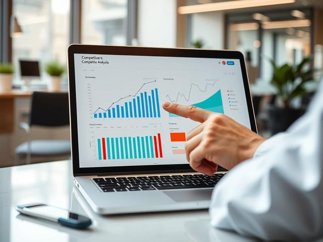 A close-up shot of a competitive analysis graph on a laptop screen, with a doctor's hand thoughtfully pointing at the data. The background should reflect a modern medical office, signaling professionalism and insight.