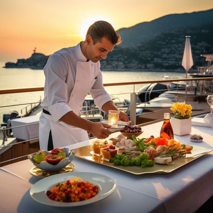 Private chef serves a dish by candlelight