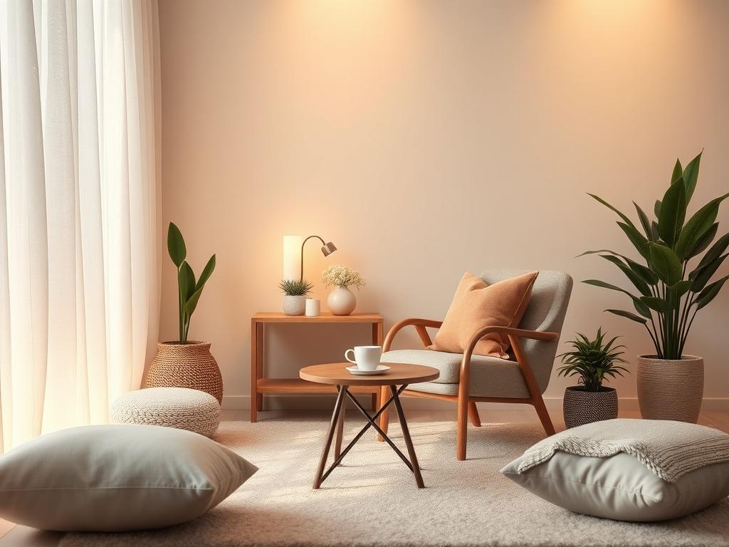 A serene and inviting therapy room with soft, warm lighting. A comfortable armchair sits facing a small table with a cup of tea, surrounded by calming decor such as plants and soft cushions. The atmosphere reflects tranquility and safety, inviting individuals to open up about their personal challenges.