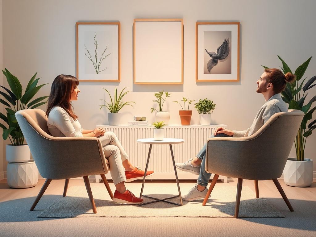 A cozy therapy session for couples, featuring two chairs facing each other with a small table in between. Soft lighting creates a warm ambiance, while a therapist listens attentively. The background includes calming artwork and potted plants, symbolizing growth and connection.
