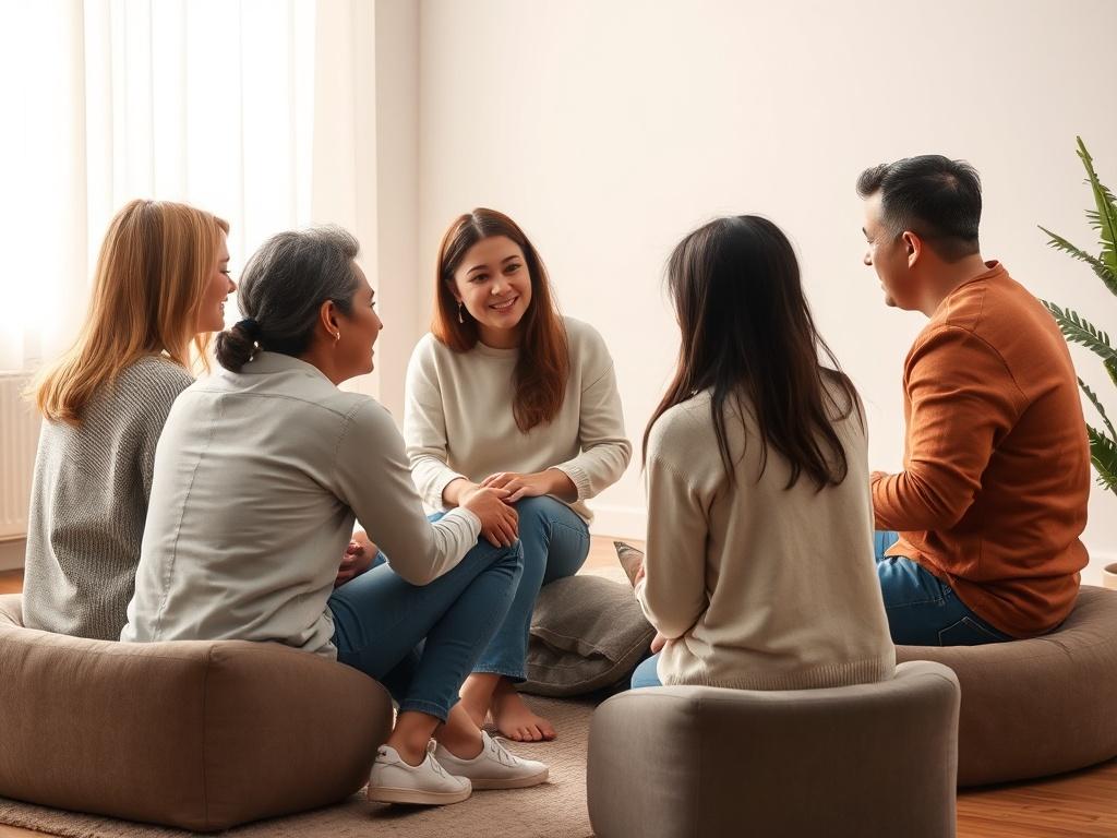 A family therapy session in progress, showcasing a diverse family sitting in a circle, engaging in discussion. The therapist sits among them, creating an inclusive atmosphere. Gentle lighting and warm colors evoke a sense of safety and openness.