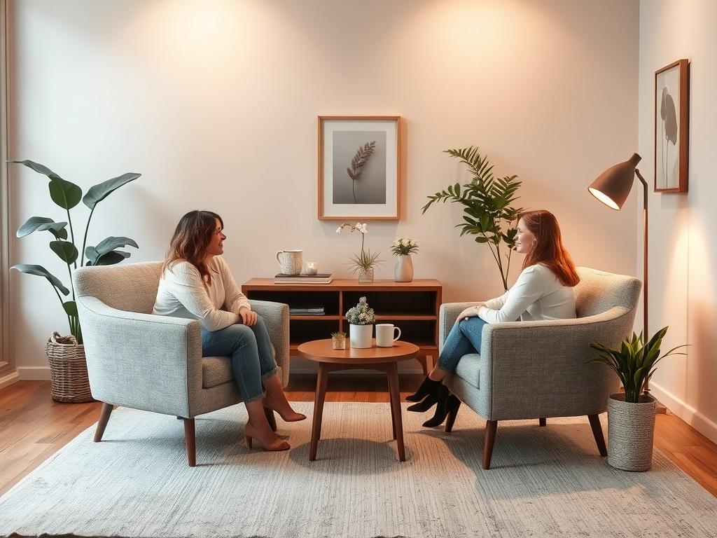 A cozy couples therapy space featuring two comfortable chairs facing each other, soft lighting, and a small coffee table. The room should be adorned with calming decor, like plants and artwork, creating an inviting atmosphere for couples to engage in meaningful conversations during therapy sessions.