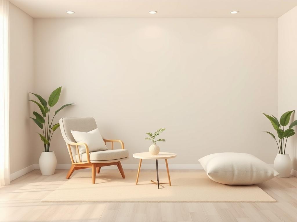 A serene therapy room with soft tones, gentle lighting, and comfortable seating. The room should have a calming atmosphere, featuring a cozy armchair, a small table with a plant, and soft cushions. The background should depict soothing colors, emphasizing peace and tranquility, inviting individuals for personal therapy sessions.