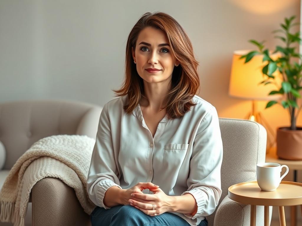 **AI Image Generation Prompt:**

Create a realistic high-resolution photo that visually captures the essence of individual therapy and its benefits. The composition should be simple and clear, featuring a single subject: a thoughtful adult woman in a comfortable therapy office. 

The woman, in her mid-30s, has shoulder-length brown hair and a peaceful expression, conveying a sense of reflection and openness. She sits on a plush armchair, lightly resting her hands on her lap. Her attire is casual yet profess