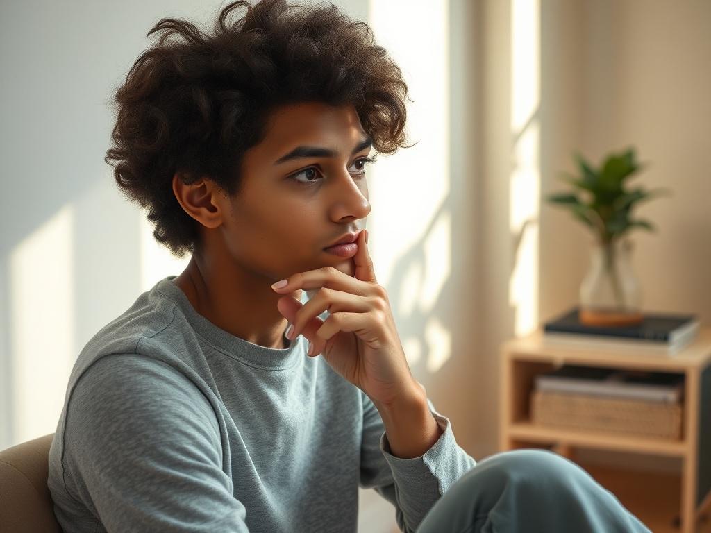 Create a realistic high-resolution photo featuring a single, contemplative young adult sitting in a tranquil, softly lit room. The subject should exhibit a thoughtful expression, with one hand resting on their chin, conveying a sense of introspection and vulnerability. 

The background should showcase a serene setting, ideally with soft neutral colors – perhaps a light beige or soft blue wall – complemented by gentle natural light streaming through a nearby window, casting a warm, inviting glow. A simple po