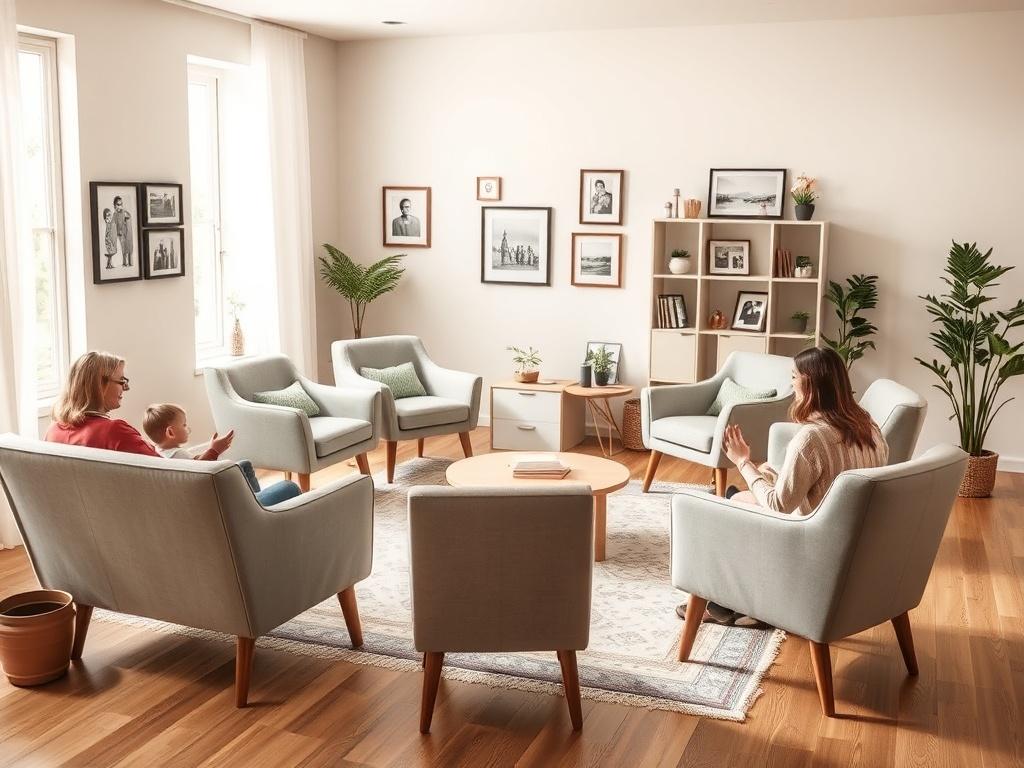 A welcoming family therapy space, featuring a circle of comfortable chairs arranged for discussion. The room is bright and inviting, with family photos on the walls and a soft rug on the floor, fostering a sense of unity.