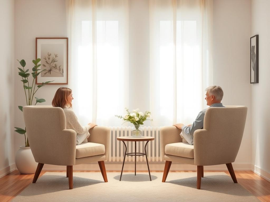A cozy couple's therapy setting, showcasing two chairs facing each other with a small table between them. The room is softly lit, adorned with calming artwork and a vase of fresh flowers, creating a warm and inviting atmosphere.