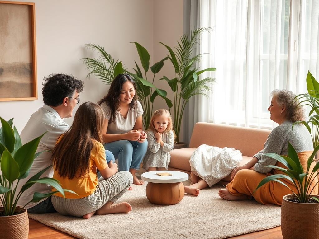 A warm family therapy session setting, showcasing a diverse family group in a circle, engaged in conversation. Soft, inviting colors and natural elements like plants create a comfortable environment that encourages open dialogue and connection.